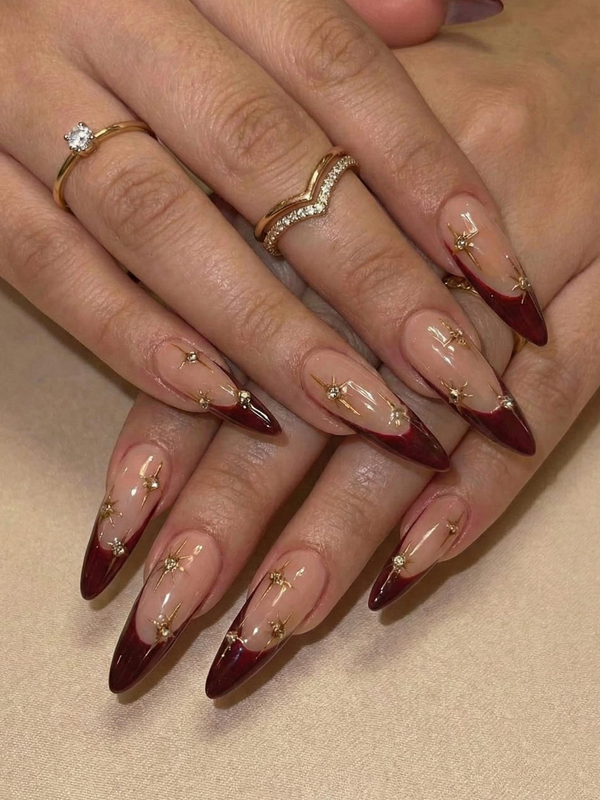 Nail Tabs for Press On Nails ?M?Burgundy Star French Press On Nails for Luxury Women | DB10E