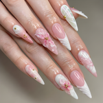 Nail Tabs for Press On Nails ?M?Pink White Floral 3D Flower Long Stiletto Press On Nails | DB05L
