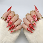 Press On Nails Adhesive Tabs with Red Cherry & Heart Swirl Art Design, Handmade Long Stiletto Fake Nails for Valentine Aesthetic or Romantic Statement Look | DB02L