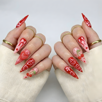 Press On Nails Adhesive Tabs with Red Cherry & Heart Swirl Art Design, Handmade Long Stiletto Fake Nails for Valentine Aesthetic or Romantic Statement Look | DB02L