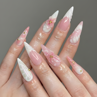 Nail Tabs for Press On Nails ?M?Pink White Floral 3D Flower Long Stiletto Press On Nails | DB05L