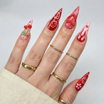 Press On Nails Adhesive Tabs with Red Cherry & Heart Swirl Art Design, Handmade Long Stiletto Fake Nails for Valentine Aesthetic or Romantic Statement Look | DB02L