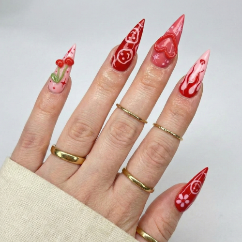 Press On Nails Adhesive Tabs with Red Cherry & Heart Swirl Art Design, Handmade Long Stiletto Fake Nails for Valentine Aesthetic or Romantic Statement Look | DB02L