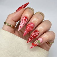 Press On Nails Adhesive Tabs with Red Cherry & Heart Swirl Art Design, Handmade Long Stiletto Fake Nails for Valentine Aesthetic or Romantic Statement Look | DB02L