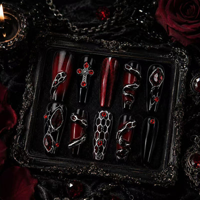 Dark Elegance Nails ¨C Luxury Gothic Chic Press-Ons Black-to-Gray Gradient Nails with Metallic 3D Accents Rebel & Glam ¨C Reusable Stick-On Luxury Nails/0003