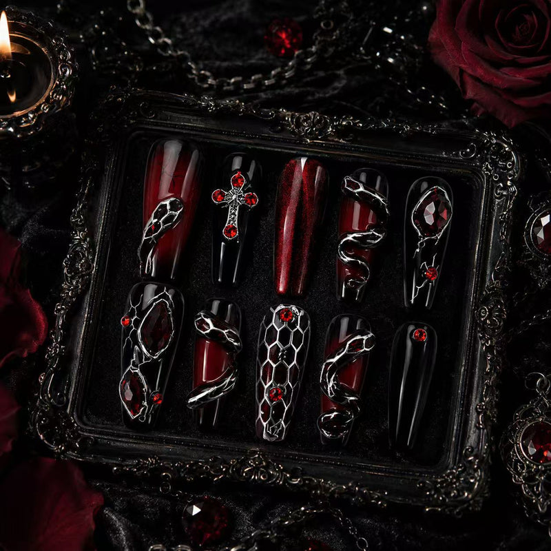 Dark Elegance Nails ¨C Luxury Gothic Chic Press-Ons Black-to-Gray Gradient Nails with Metallic 3D Accents Rebel & Glam ¨C Reusable Stick-On Luxury Nails/0003