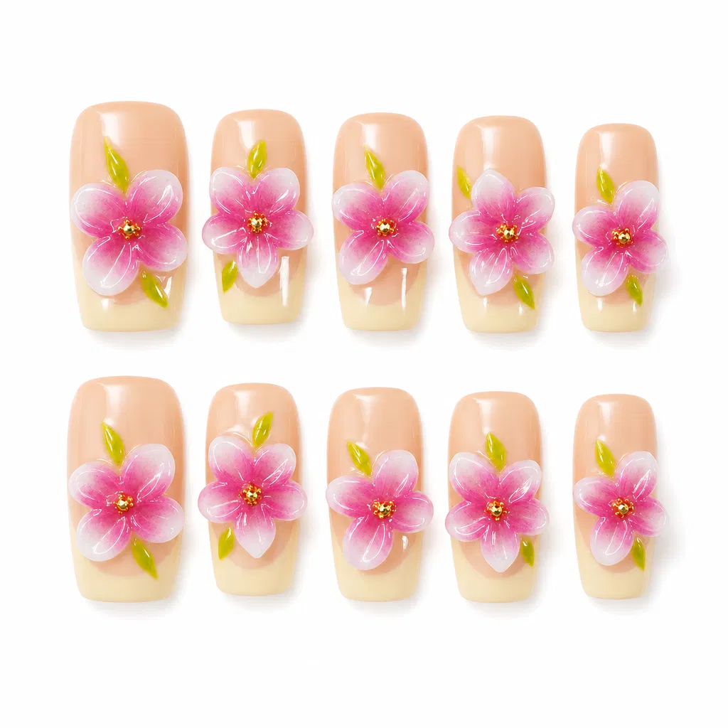 3D Cherry Blossom Press-On Nails Pink Floral French Tip Nails Nude & Pink Flower Fake Nails Spring Blossom Nail Art Set/012