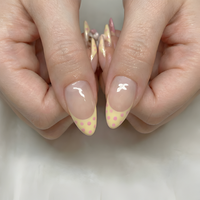 Nail Tabs for Press On Nails ?M?Pastel Yellow Pink Polka Dot Doll & 3D Bow Long Almond Handmade Cute Coquette Fake Nails |DB07L