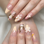 Nail Tabs for Press On Nails ?M?Pastel Yellow Pink Polka Dot Doll & 3D Bow Long Almond Handmade Cute Coquette Fake Nails |DB07L