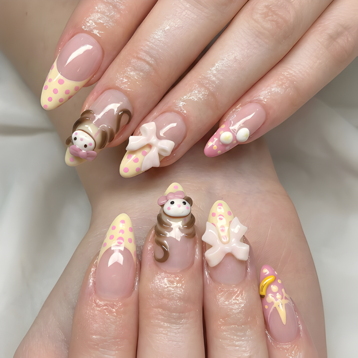 Nail Tabs for Press On Nails ?M?Pastel Yellow Pink Polka Dot Doll & 3D Bow Long Almond Handmade Cute Coquette Fake Nails |DB07L