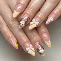 Nail Tabs for Press On Nails ?M?Pastel Yellow Pink Polka Dot Doll & 3D Bow Long Almond Handmade Cute Coquette Fake Nails |DB07L