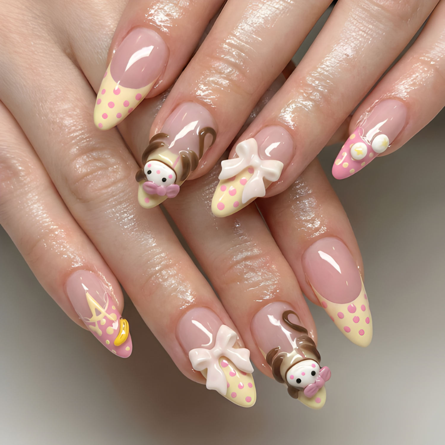 Nail Tabs for Press On Nails ?M?Pastel Yellow Pink Polka Dot Doll & 3D Bow Long Almond Handmade Cute Coquette Fake Nails |DB07L