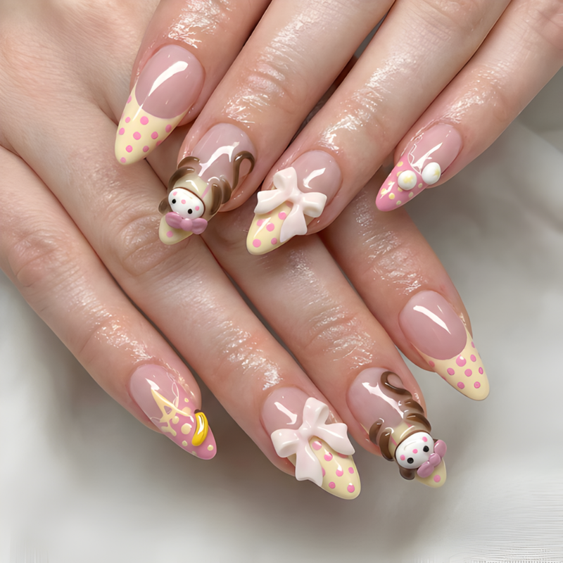 Nail Tabs for Press On Nails ?M?Pastel Yellow Pink Polka Dot Doll & 3D Bow Long Almond Handmade Cute Coquette Fake Nails |DB07L