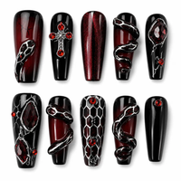 Gothic Red & Black Snake Press-On Nails Dark Vampire Crystal Fake Nails Edgy Cross & Gemstone Nail Set Grunge Red Ombre Coffin Nails/013