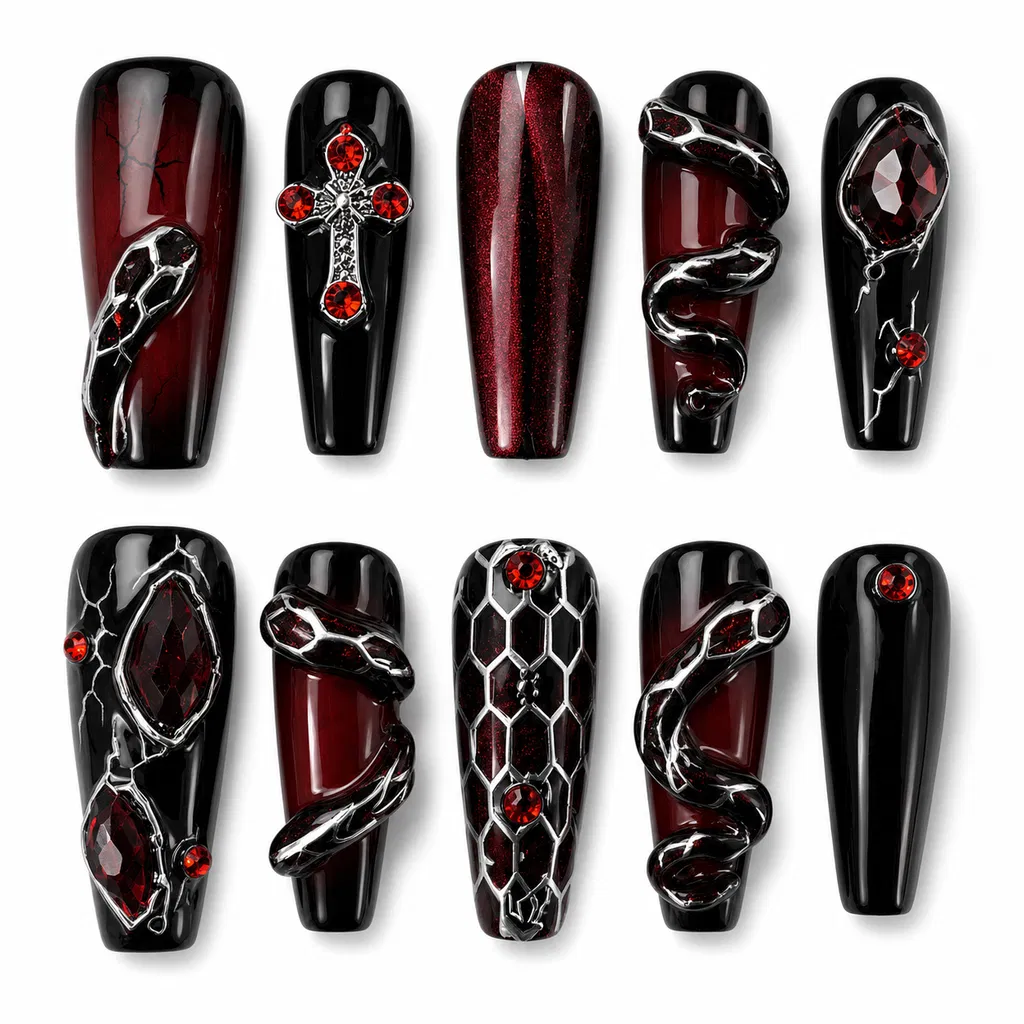 Gothic Red & Black Snake Press-On Nails Dark Vampire Crystal Fake Nails Edgy Cross & Gemstone Nail Set Grunge Red Ombre Coffin Nails/013