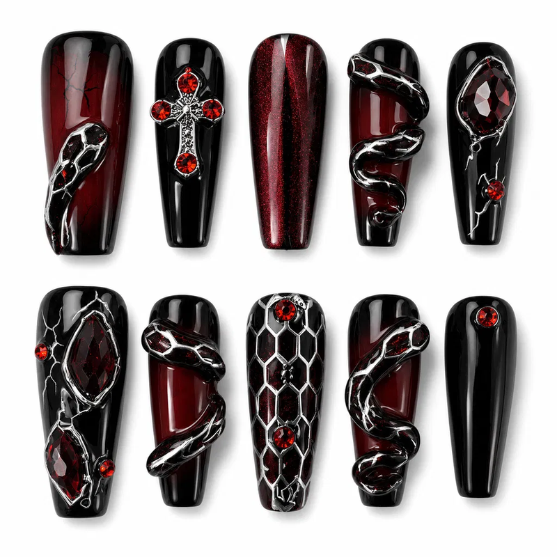 Gothic Red & Black Snake Press-On Nails Dark Vampire Crystal Fake Nails Edgy Cross & Gemstone Nail Set Grunge Red Ombre Coffin Nails/013