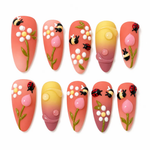 3D Bee & Ladybug Press-On Nails Spring Floral Insect Fake Nails 3D Tulip & Daisy Nail Art Set Cute Pastel Garden Nails/014