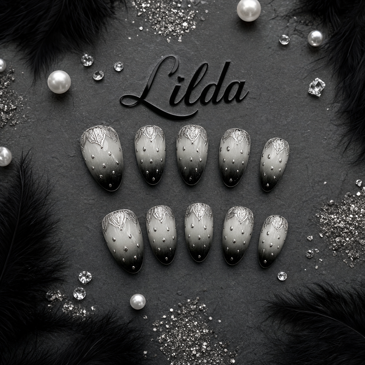 Dark Elegance Nails ¨C Luxury Gothic Chic Press-Ons Black-to-Gray Gradient Nails with Metallic 3D Accents Rebel & Glam ¨C Reusable Stick-On Luxury Nails/0002