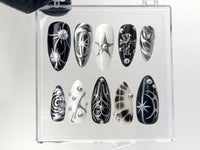 Elegant Gothic Press On Nails | 3D Designs with Cross, Star, Spiral Acrylic Nails | Monochrome Nail Art | Y2k Nails | Custom Nails | HD552YL