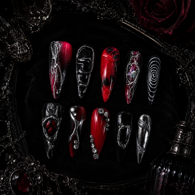 Dark Elegance Nails ¨C Luxury Gothic Chic Press-Ons Black-to-Gray Gradient Nails with Metallic 3D Accents Rebel & Glam ¨C Reusable Stick-On Luxury Nails/0004