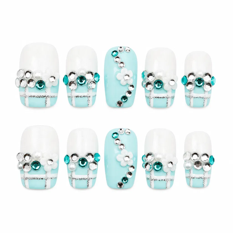 Tiffany Blue Rhinestone Press-On Nails Luxury Crystal & Pearl Nail Set Blue & White Plaid Glam Nails Sparkle 3D Flower Fake Nails/010
