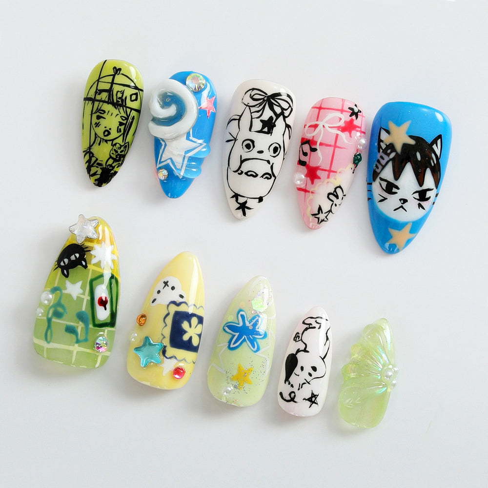 Whimsical Cartoon Press On Nails | Unique Cartoon Nail Art | Hand-Decorated with Cute Characters | Trendy Cartoon and Anime Designs |JB514HC