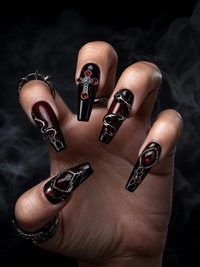Gothic Red & Black Snake Press-On Nails Dark Vampire Crystal Fake Nails Edgy Cross & Gemstone Nail Set Grunge Red Ombre Coffin Nails/013