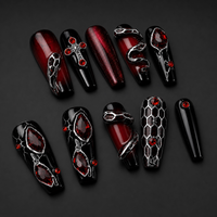 Gothic Red & Black Snake Press-On Nails Dark Vampire Crystal Fake Nails Edgy Cross & Gemstone Nail Set Grunge Red Ombre Coffin Nails/013