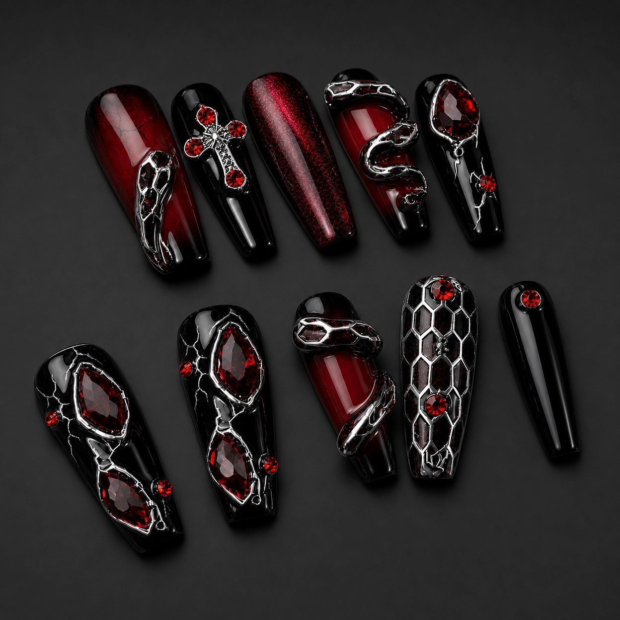 Gothic Red & Black Snake Press-On Nails Dark Vampire Crystal Fake Nails Edgy Cross & Gemstone Nail Set Grunge Red Ombre Coffin Nails/013