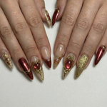 Press On Nails Adhesive Tabs ?M?Nude Burgundy Gold Heart & Rose Chrome Long Stiletto Handmade Fake Nails for Luxury Romantic Look