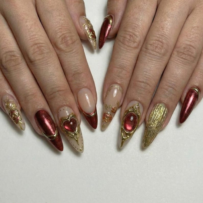 Press On Nails Adhesive Tabs ?M?Nude Burgundy Gold Heart & Rose Chrome Long Stiletto Handmade Fake Nails for Luxury Romantic Look