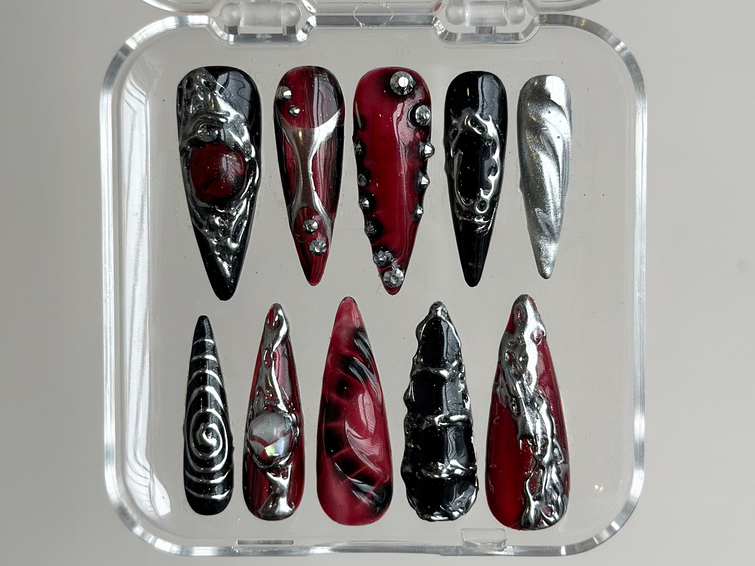 Gothic Chrome Press On Nails | Deep Red & Black 3D Design | Metallic Silver Accents | Spiky Statement Fake Nails | HD560BK