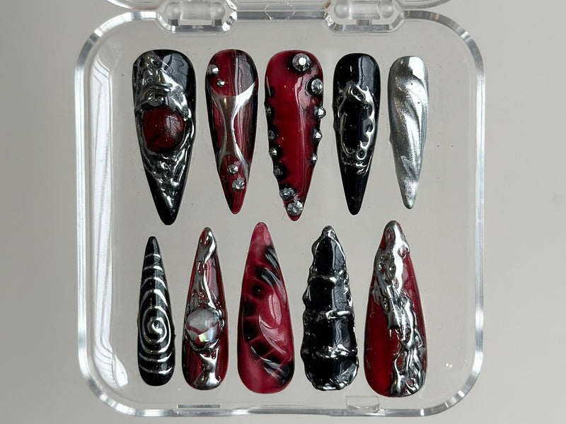 Gothic Chrome Press On Nails | Deep Red & Black 3D Design | Metallic Silver Accents | Spiky Statement Fake Nails | HD560BK