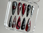 Gothic Chrome Press On Nails | Deep Red & Black 3D Design | Metallic Silver Accents | Spiky Statement Fake Nails | HD560BK