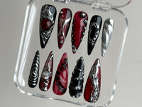 Gothic Chrome Press On Nails | Deep Red & Black 3D Design | Metallic Silver Accents | Spiky Statement Fake Nails | HD560BK