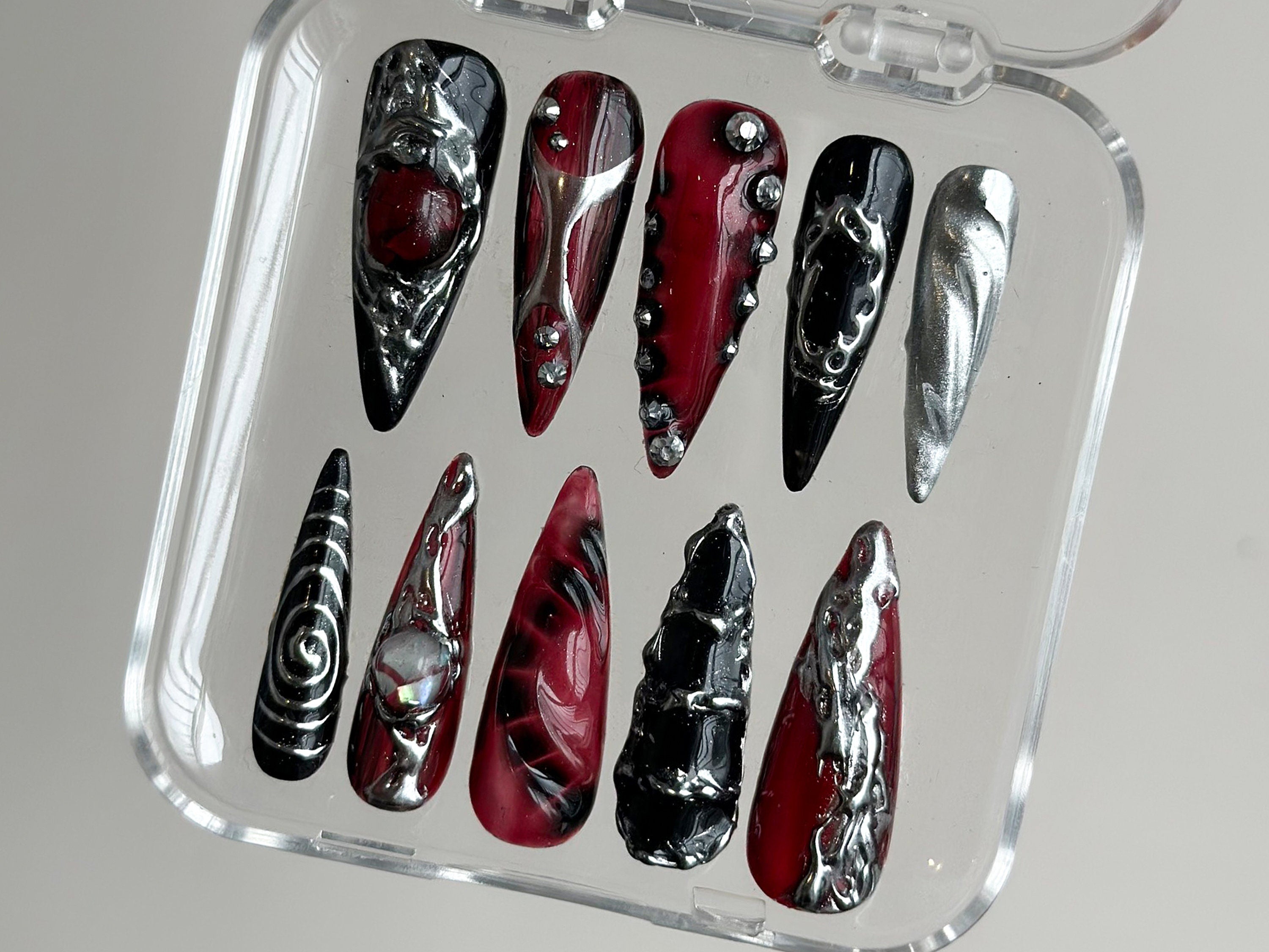 Gothic Chrome Press On Nails | Deep Red & Black 3D Design | Metallic Silver Accents | Spiky Statement Fake Nails | HD560BK