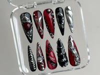 Gothic Chrome Press On Nails | Deep Red & Black 3D Design | Metallic Silver Accents | Spiky Statement Fake Nails | HD560BK
