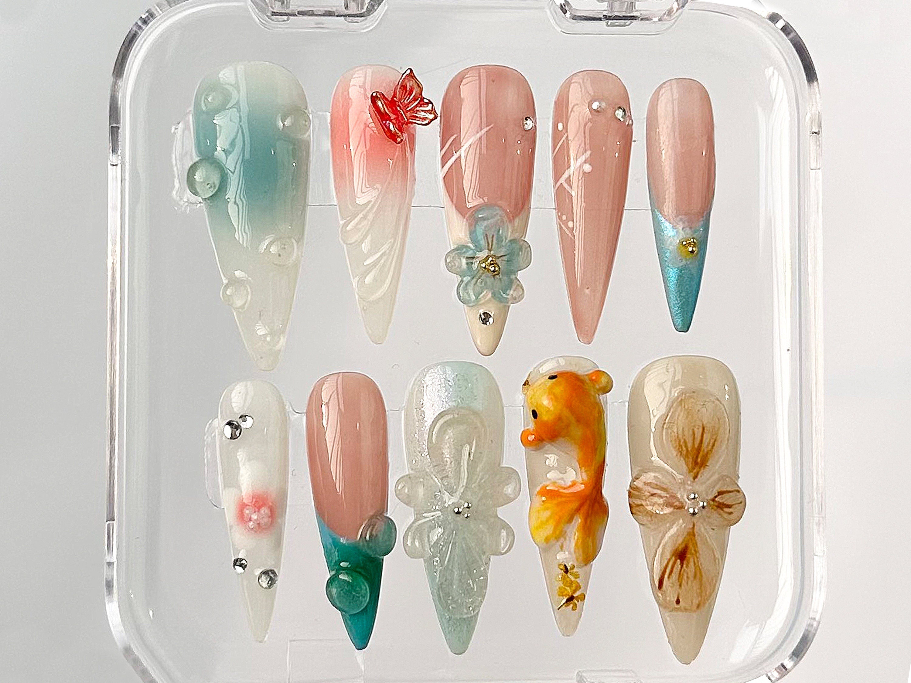 3D Orchard Floral Press On Nails Long Almond | Flowers Custom Hanpainted Nail Art | Fairy Tale Inspired Fake Nails | Fairycore Nails| HD326A