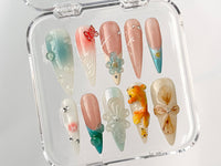 3D Orchard Floral Press On Nails Long Almond | Flowers Custom Hanpainted Nail Art | Fairy Tale Inspired Fake Nails | Fairycore Nails| HD326A