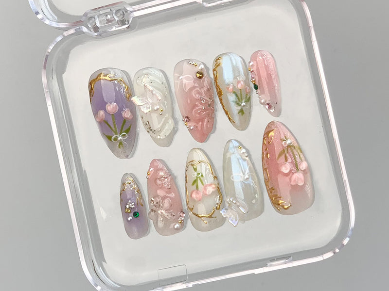 Dreamy Press On Nails Almond | Jelly Pastel Tulip Nail Art | 3D FairyCore Flower Press Ons | Romantic Nail Art in Fake Nails | HD347T