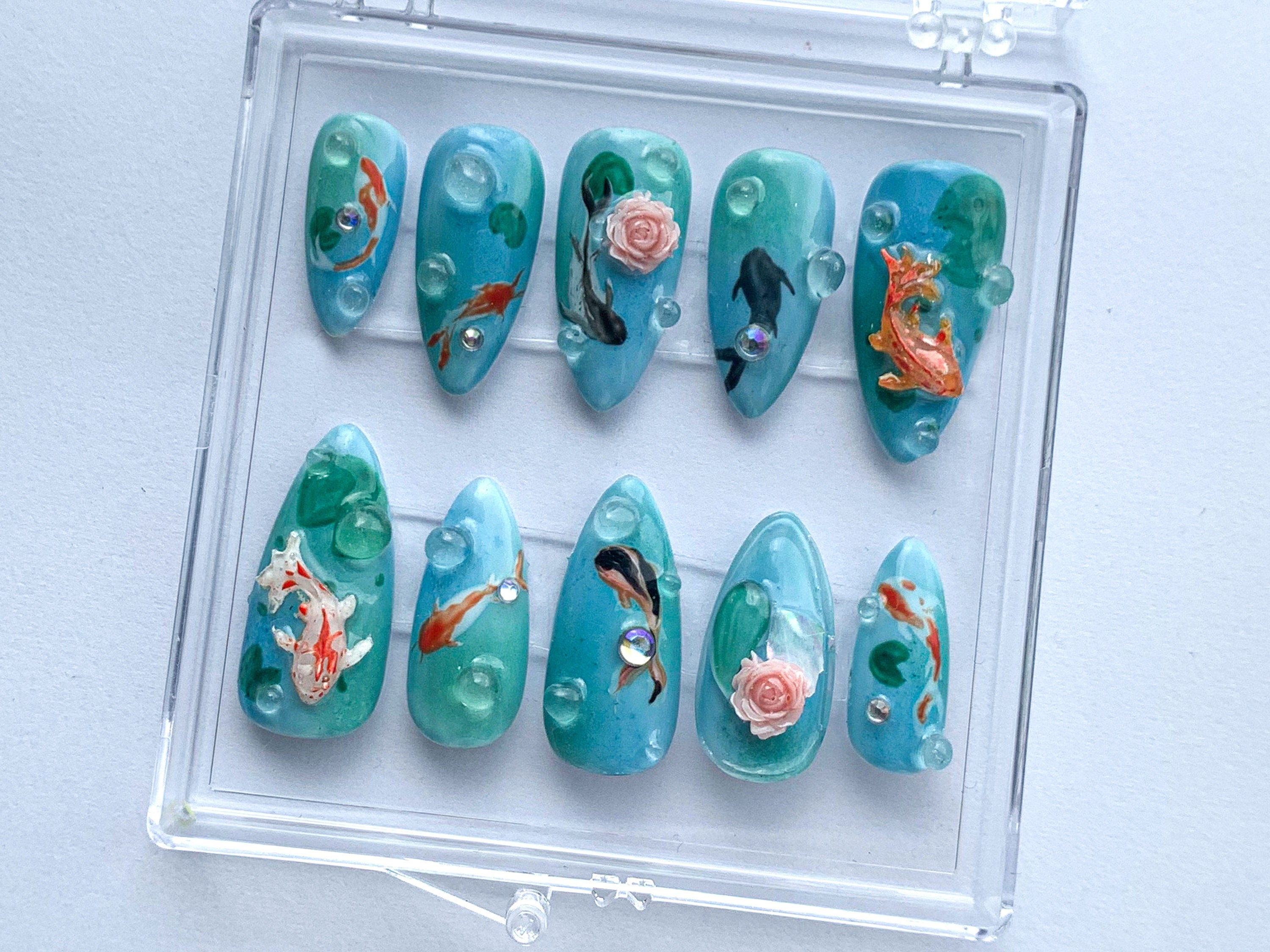 Ocean-Inspired Press On Nails | Hand Painted Koi Fish Nail Art | Blue with Underwater Flowers charms On Fake Nails | Ocean Nails | HD385T