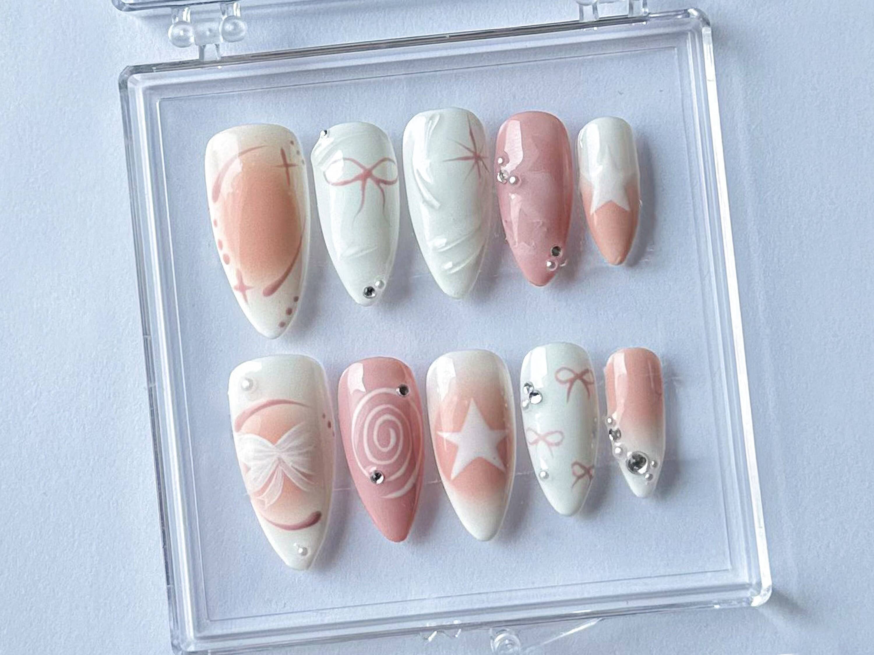 Pearly Pink Y2K Press On Nails | Cute 3D Bow Gel Nails | Handmade Gift for Her |  Y2K31