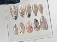 Pink 3D Gel Raised Press On Nail | Fluttery Butterfly Nail Art | Y2K Style Nails | Secret Garden Flower Nails | Silver Fake Nails | HD412Y