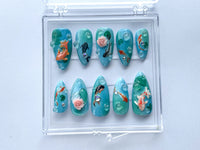 Ocean-Inspired Press On Nails | Hand Painted Koi Fish Nail Art | Blue with Underwater Flowers charms On Fake Nails | Ocean Nails | HD385T