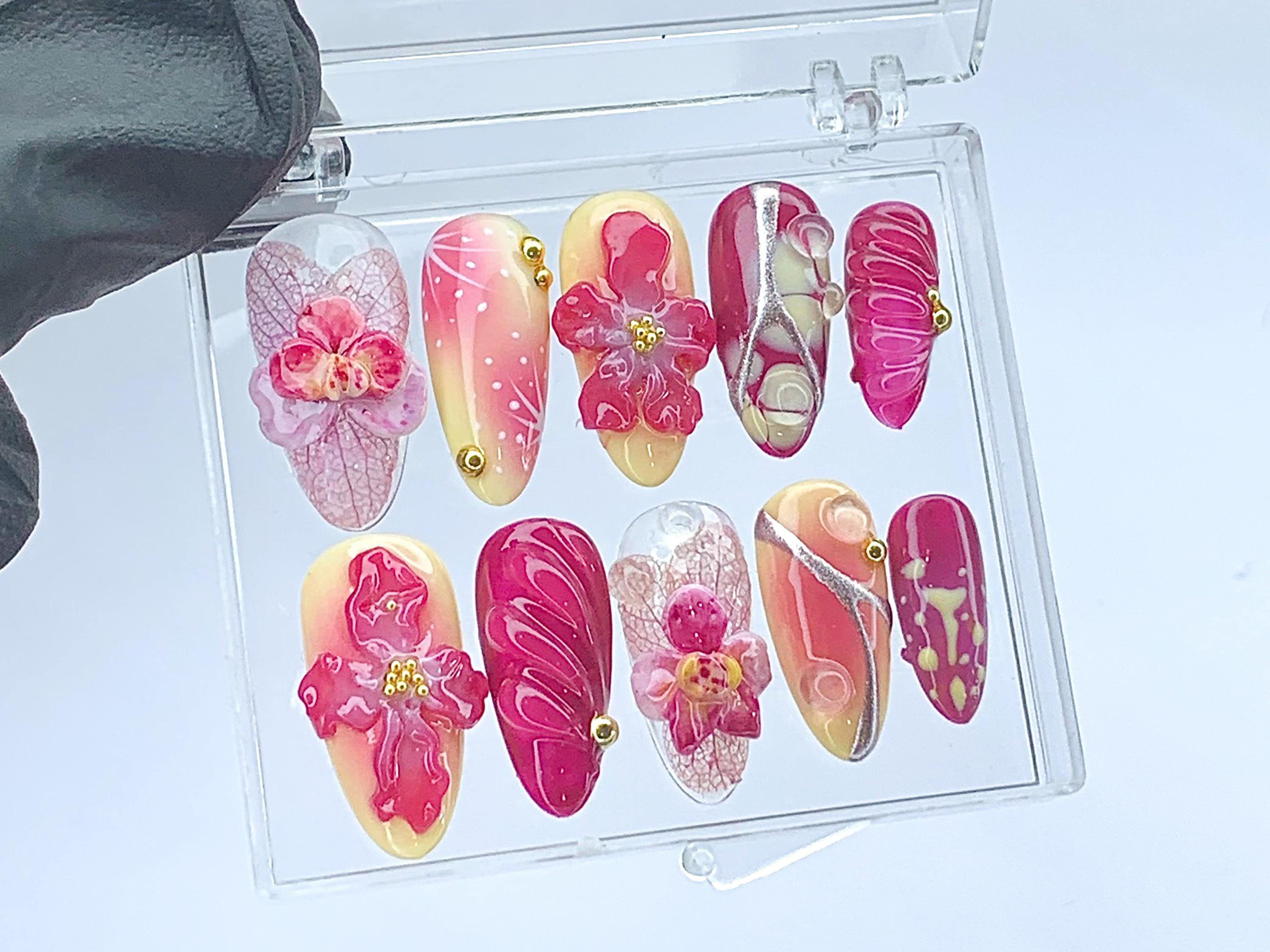 Blooming Flowers Press On Nails | 3D Chrome Flowers Acrylic Nails | Stunning Floral False Nails Press On| Spring Summer Nail Art | HD423YL
