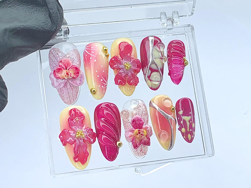 Blooming Flowers Press On Nails | 3D Chrome Flowers Acrylic Nails | Stunning Floral False Nails Press On| Spring Summer Nail Art | HD423YL