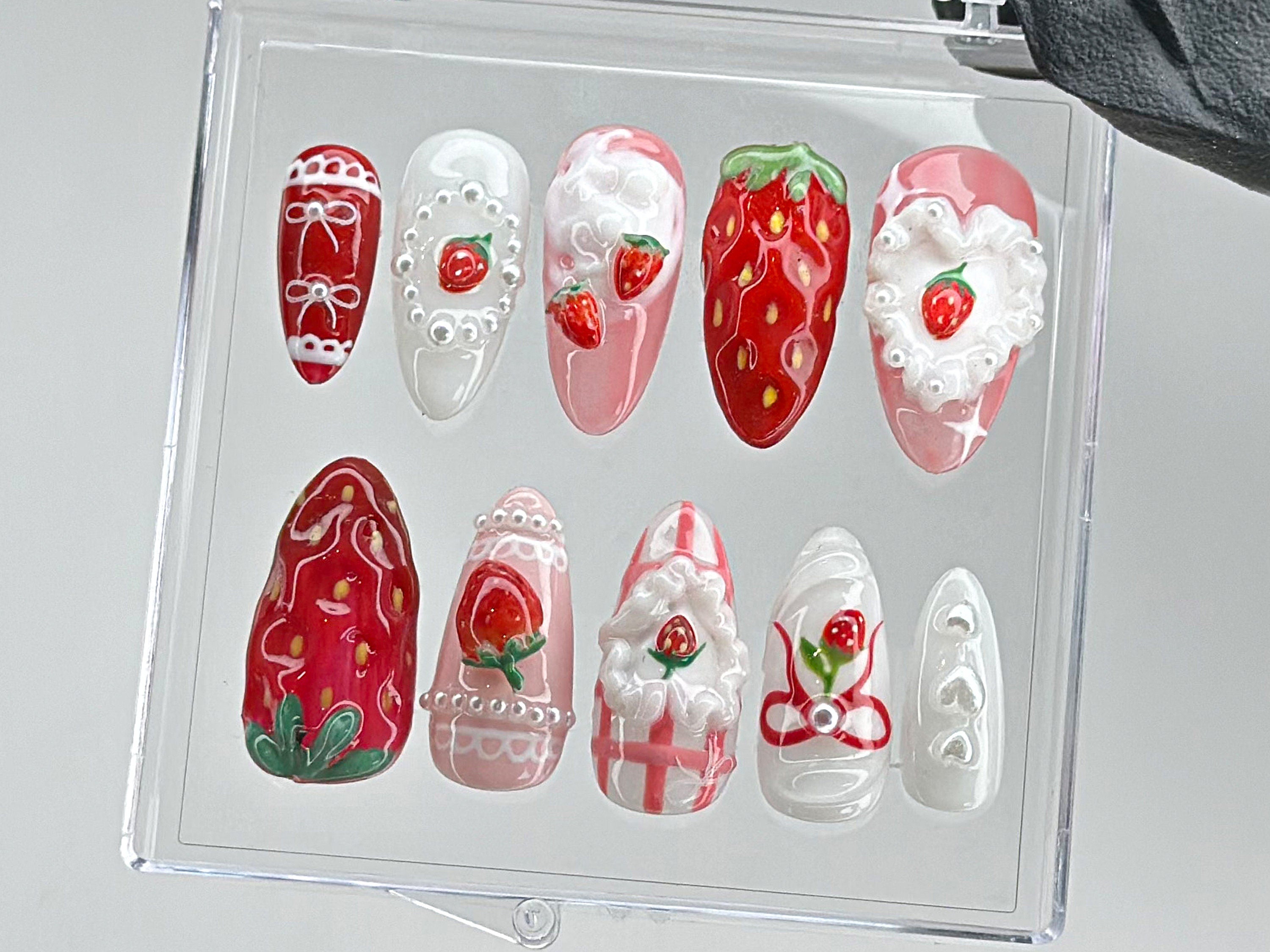 Dreamy Pink Press On Nails | Nail Set With Strawberry Design Fake nails| Adorable 3D Cream Nail Art | Nail Charms | Pink press ons | HD437TL