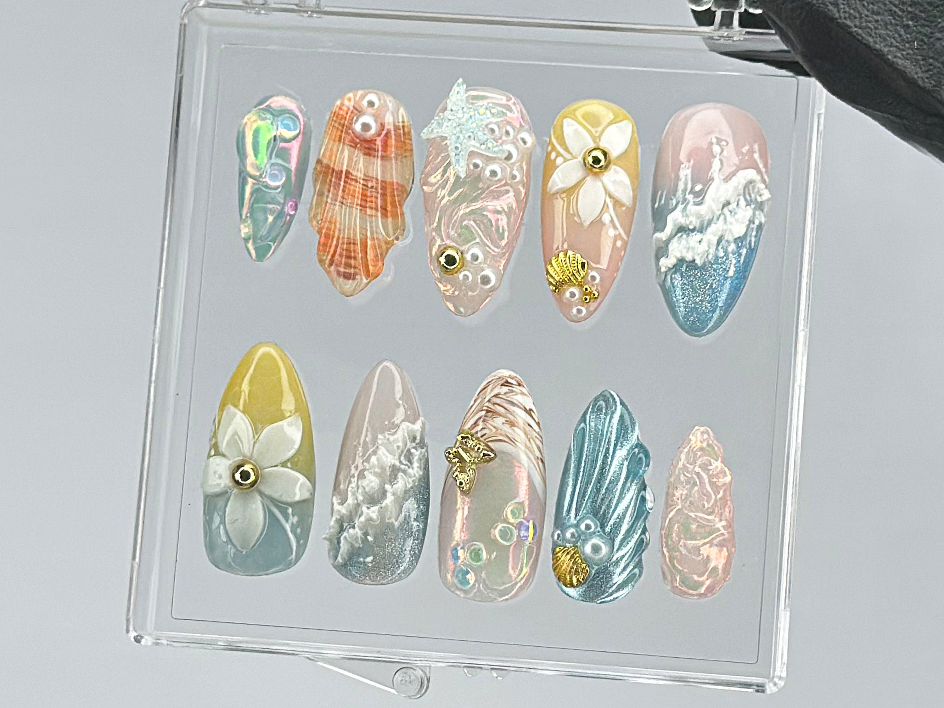 Ocean Dream Press On Nails | Aquatic Elegance Nail Art | Unique Press Ons with Pearl | summer press on nails |ocean press on nails | HD445TK