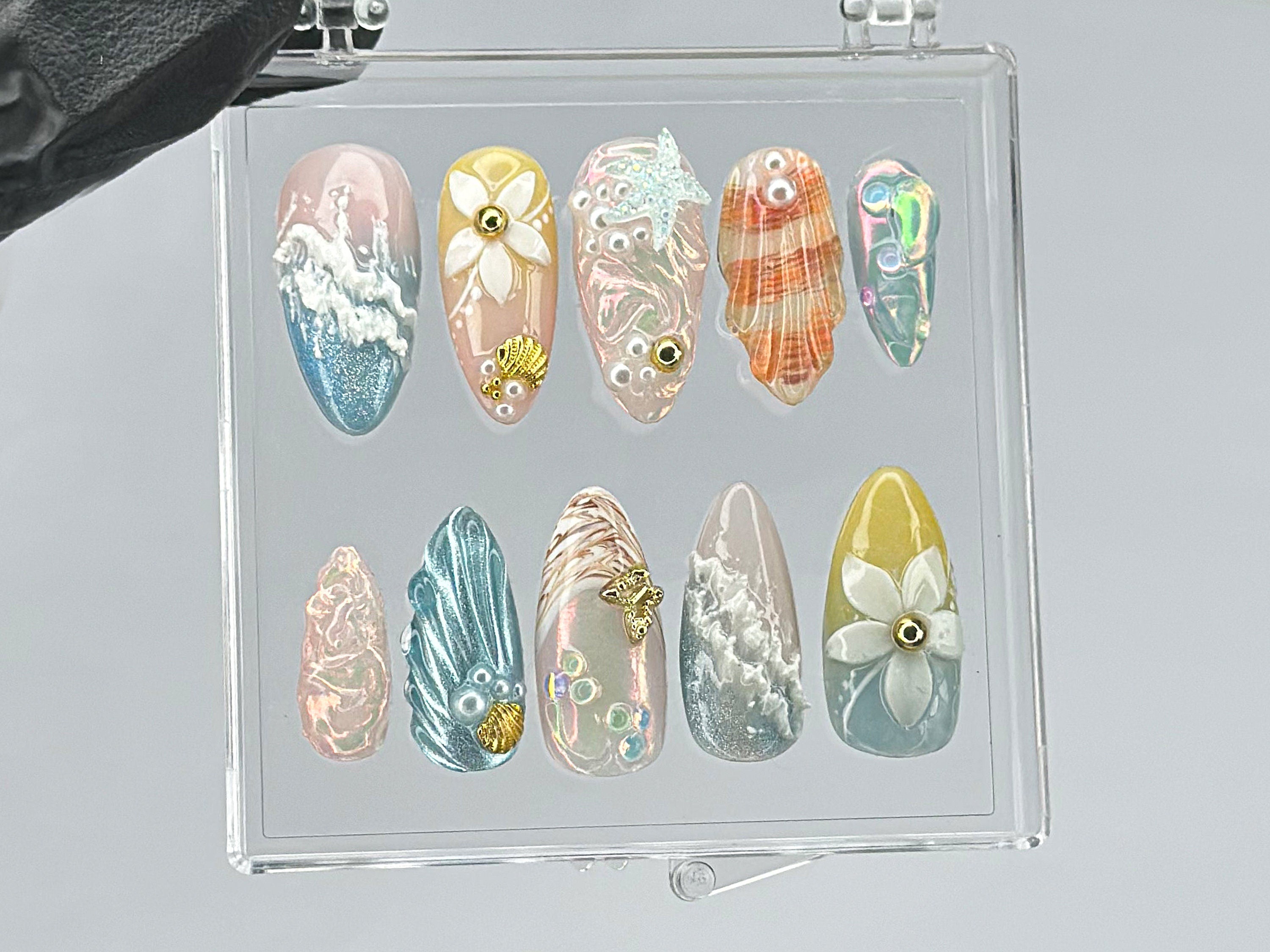 Ocean Dream Press On Nails | Aquatic Elegance Nail Art | Unique Press Ons with Pearl | summer press on nails |ocean press on nails | HD445TK