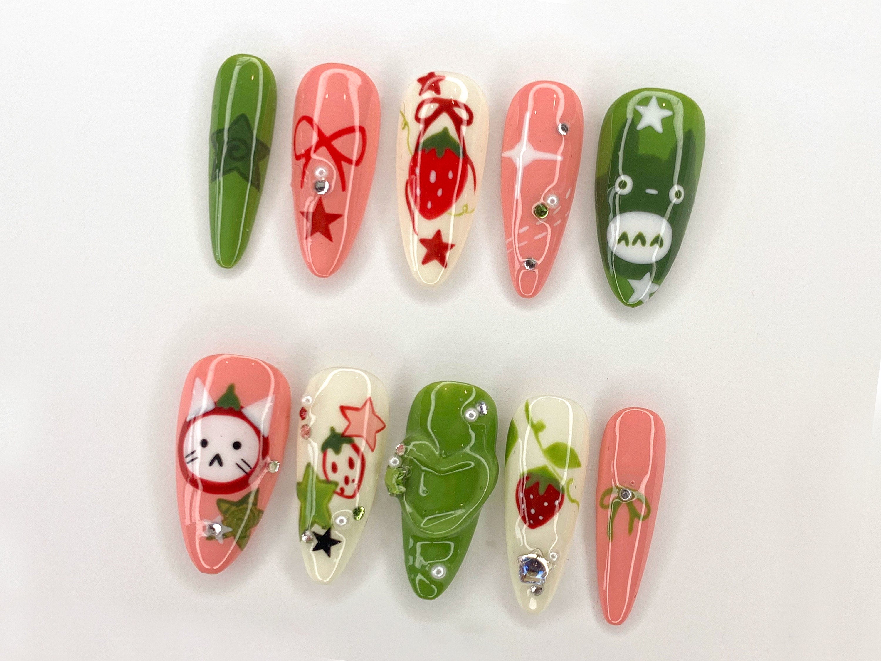 Ghibli Long Almond Press On Nails | Free Style Handpainted Cartoon in Fake Nails | Anime Nails Art | Miffy Nails | Abstract Nails| J284S